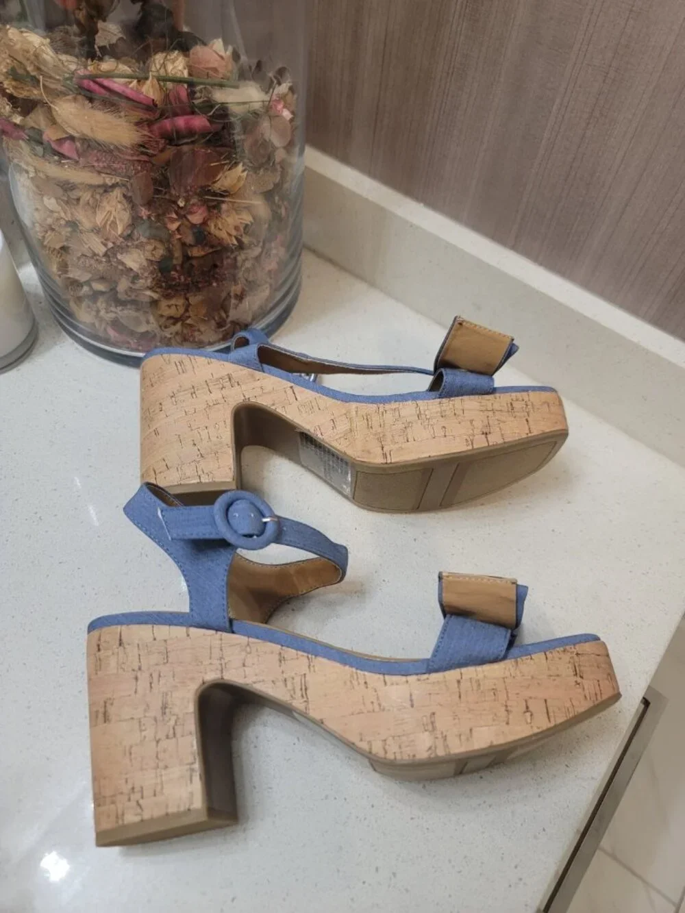LC Lauren Conrad Aliana Bow Cork Heel Sandals Women's Size 9.5 M Color-Blue NEW